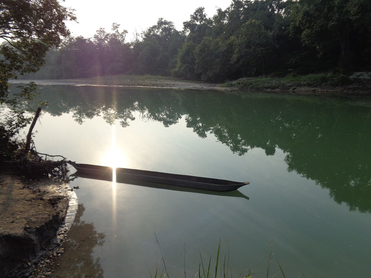 A wooden canoe on a calm, forest-lined river in Bardiya National Park