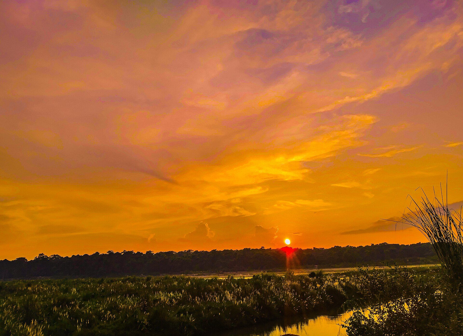 Sunset over the grasslands and river at Chitwan