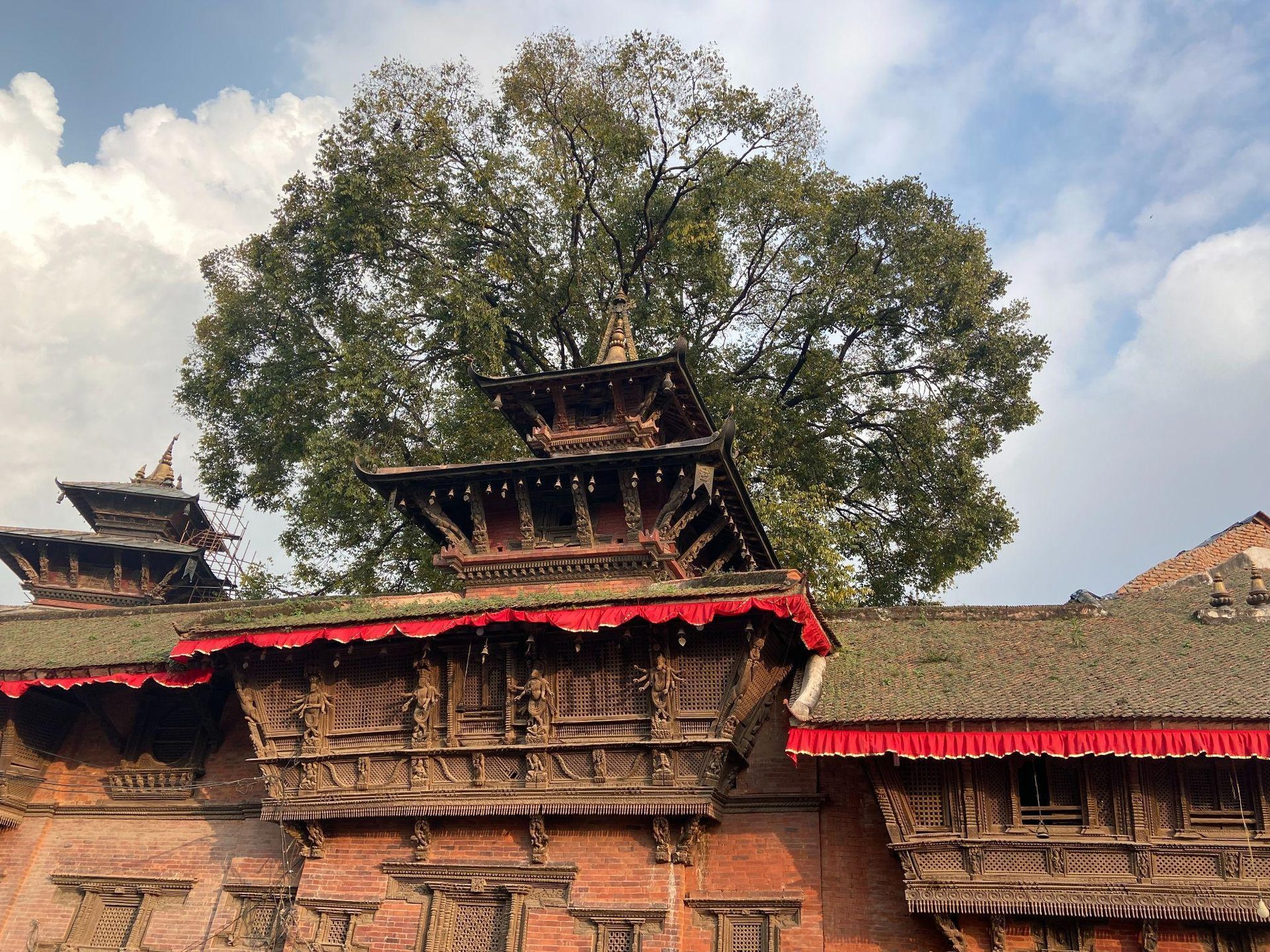 Carved timber facade and tiered roofs at Kathmandu Durbar Square
